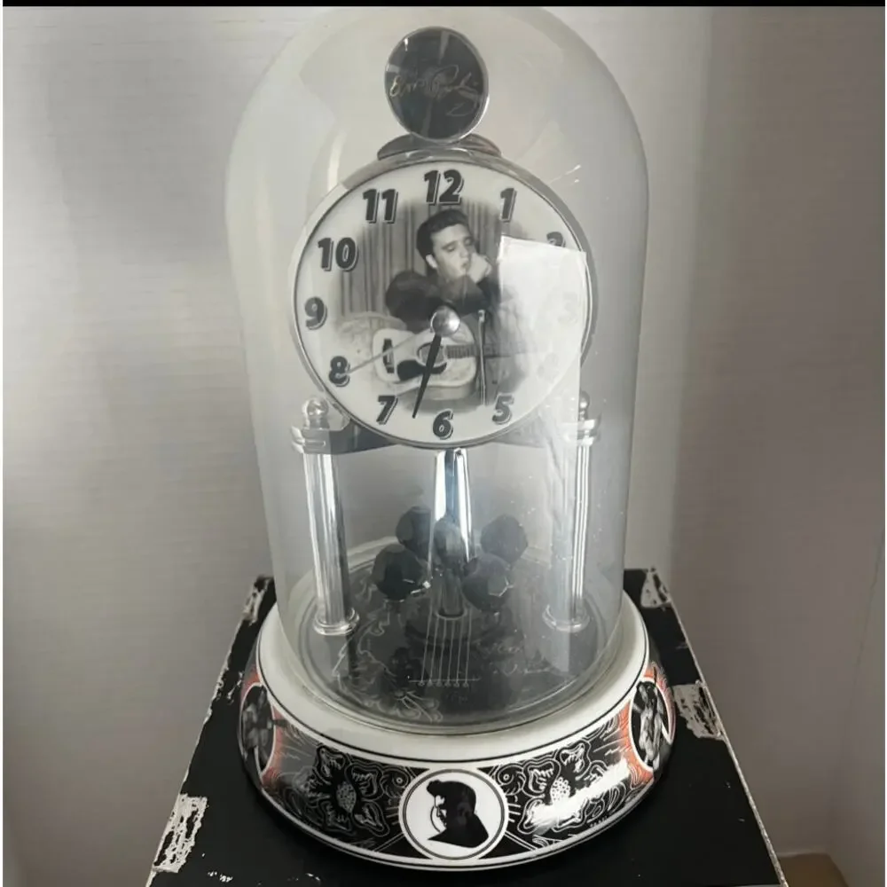 ELVIS PRESLEY Silver Anniversary Clock Porcelain Base Rotate Glass Dome